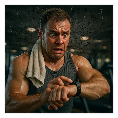 Create a hyperrealistic 4K style image of a muscular man in his 30s obsessively checking his heart rate monitor during cardio. His face is red with overexertion, and he has a gym towel soaked in sweat. Show panic in his eyes. Add visual elements around his head representing chaotic thoughts, anxiety, and mental pressure. The setting is a gym environment. Use a hyperrealistic style with intense detail and emotional expression. sticker