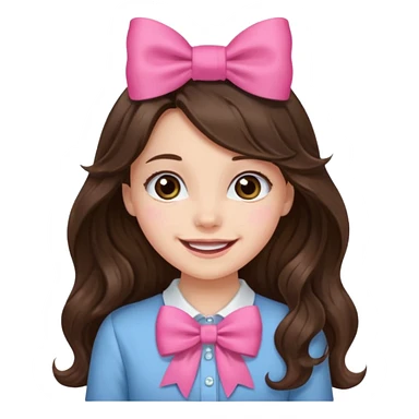 Brunette, long wavy hair, girl emotions and a pink bow sticker