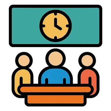 meeting room with a clock and people, emphasizing importance sticker
