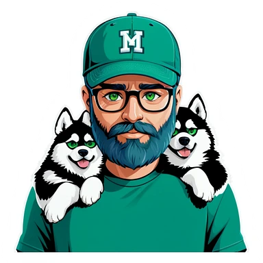 A bold man with a grey baseball cap, green eyes, big beard and glasses holding a husky dog sticker