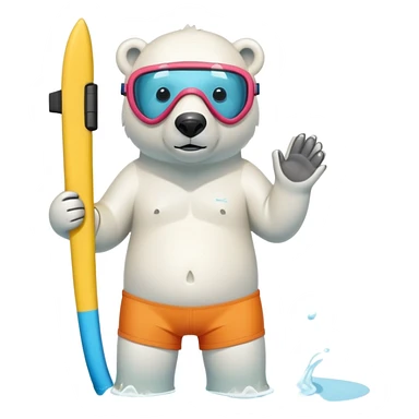 friendly anthropomorphised polar bear standing in a small puddle, wearing colorful board shorts, scuba mask over eyes, snorkel tube attached sticker
