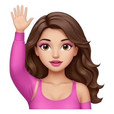 girl with long wavy brown hair, brown eyes, long lashes makeup, sexy pink lips, light to medium complexion, wearing a pink sexy top, one hand in the air high sticker