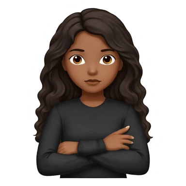Hispanic girl dark long wavy hair crossing her arms with slight pout black long sleeve shirt sticker