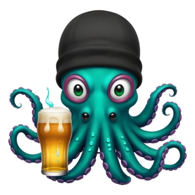 Epic octopus with an iridescent green base layer coloring and pearl black secondary layer of color, with teal neon colored suction cups under the tentacles. Octopus is wearing balaclava, a backwards hat, is holding 2 beers, and has a white teardrop face tattoo sticker