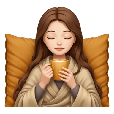 long brown hair woman closed eyes covered with cozy beige blanket, holding cup of coffee, autumn mood sticker