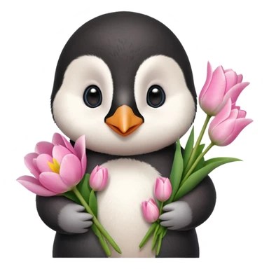 Cute baby penguin holding flower bouquet wraped in white paper and all flowers tulips in pink colour sticker