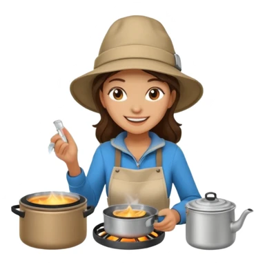 A woman camper boiling water on a portable stove, enjoying the outdoor sticker