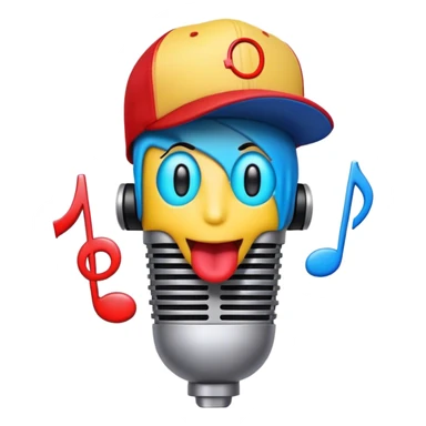 Create a bold and playful emoji that represents beatboxing. The design should feature a microphone with a cap placed on top, with large lips peeking out from under the cap. From the lips, bass clef symbols are bursting outward, symbolizing the vocal percussion and rhythm of beatboxing. Add soundwaves or beat patterns to reflect the energetic and creative nature of the art form. Use vibrant, bold colors like neon blue, red, and yellow to convey the street culture and intensity of beatboxing. The background should be transparent. sticker