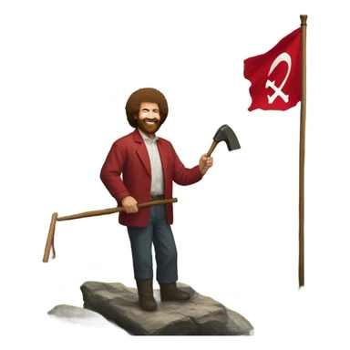 bob ross painting with a background of a hammer and sickle red flag sticker
