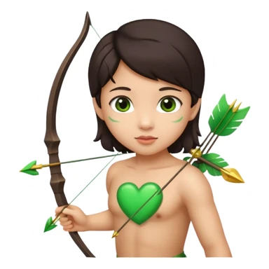 cupid flying with wings asian with brown eyes and dark hair handled bow and arrow directed to green emoji heart sticker