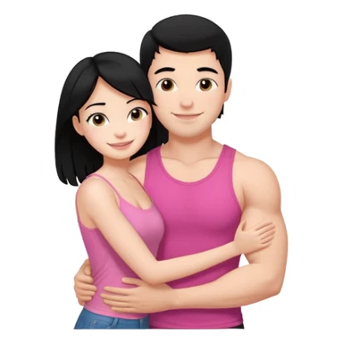 a pretty bratz fair girl. black hair, wearing a pink cami top hugging a handsome fair guy with black hair. lean but muscular who is wearing a black tshirt sticker