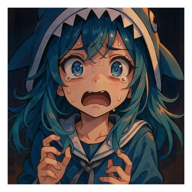 Sameko Saba, a vtuber character, looking scared, digital art style sticker