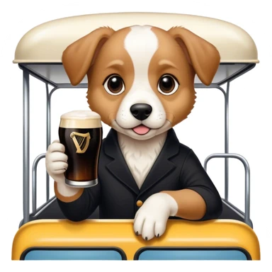 Puppy on a bus drinking a pint of Guinness WHILE “SPLITTING THE G” ON THE GUINESS sticker