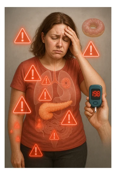 "Woman struggling with worsening insulin sensitivity, blood sugar spikes visualized as red warning signals throughout her body, expression of energy crashes and sugar cravings, pancreas working overtime shown in transparent overlay, pre-diabetic progression despite dietary efforts, metabolic syndrome symptoms accumulating, glucose meter showing increasingly concerning readings" scritte in italiano sticker