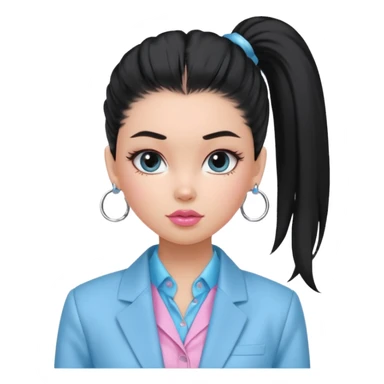 generate a pretty bratz girl wearing a light blue full sleeve shirt, silver small hoops, pink lipgloss, black blazer, hair tied up in a ponytail (black hair) sticker