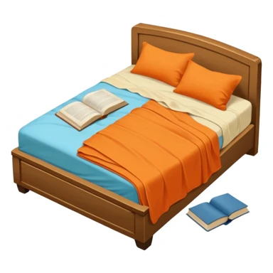 bed with a wrinkled light blue blanket, cream mattress, and one pillow out of place on the floor. Around the bed, scattered items include an orange t-shirt, greenish-blue pants, and an open book on the floor. The background is transparent sticker