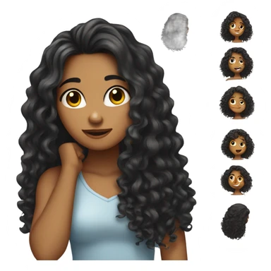 Tan girl with black long curly hair posing with hand in hair sticker