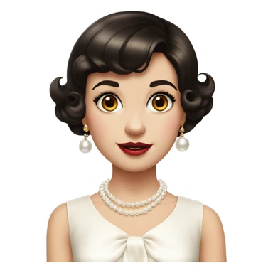 Cute girl 1950s short dark brown hair with fringe, white pearl necklace, gold bow earrings and white dress sticker