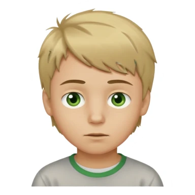 A young light-skinned boy with messy short-length brown-blond hair and greenish eyes. With his eyebrows raised and a straight face. sticker