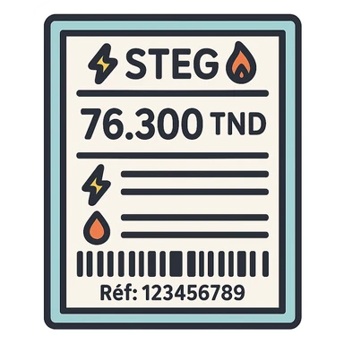flat vector-style icon of a Tunisian STEG electricity and gas bill, rectangular bordered paper, text '⚡STEG🔥' at the top, large amount '76.300 TND', barcode at the bottom, reference line 'Réf: 123456789', horizontal lines or boxes for bill details, clear electricity (⚡) and gas (🔥) icons, clean modern Tunisian-inspired color palette, clear iconography, no background sticker