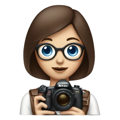 Portrait of stylish woman with blue eyes and chocholate bob hair holding a nikon camera sticker
