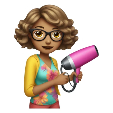 girl white with short shoulder-length hair and glasses holding a hairdryer in one hand and scissors in the other, wearing a colorful outfit sticker