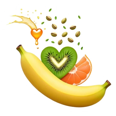 Banana, spinach, salmon fillet, sliced kiwi, pistachios, and a glass of orange juice emitting electrical sparks that flow toward a heart and nervous system. The electrical currents highlight the role these potassium-rich foods play in maintaining heart rhythm and muscle function. sticker