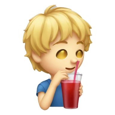 A blonde boy sucking or drinking juice with a straw while his hand is holding the drink, profile view sticker