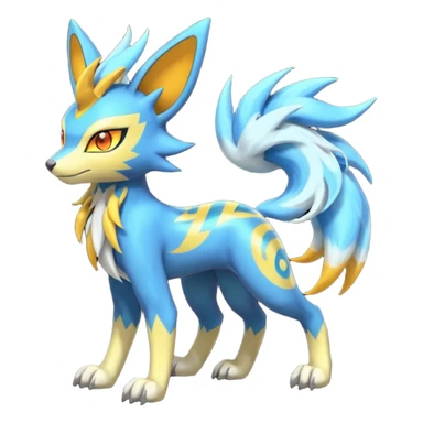 Feral Lightning-patterned Zig-zagged buzzy fuzzy Meloetta-Renamon-Zeraora-Luxray-Cobalion-Suicune-Vernid-fusion-hybrid-creature, full body  sticker