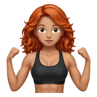Athletic girl with long light red wavy hair and smaller boobs bigger arms. middle part and black sports bra, long hair, show stomach sticker