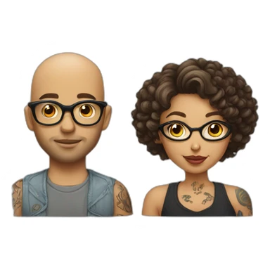 Young Bald man with tattoos. And Young curly-haired lady wearing glasses sticker