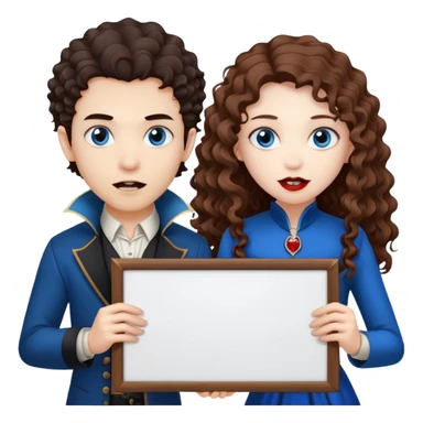 Asian boy and white girl with long brown curly hair and blue eyes Vampires holding a large blank sign sticker