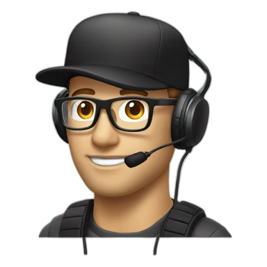 light scruff white man in a backwards baseball black hat and rectangle glasses wearing headphones with microphone - brown hair sticker