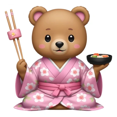 A cute light-brown bear wearing a pastel pink sakura-patterned kimono, normal balanced body ratio. 
Happily eating sushi with chopsticks, excited sparkling eyes. 
Kawaii emoji style, minimalistic clean sticker illustration, white background.
 sticker