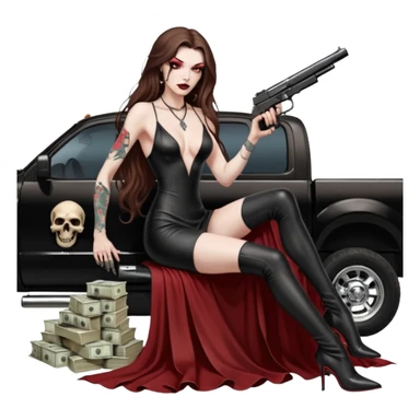 Lilith symbol red eye seductress evil long brown haired sexy succubus woman with leather long dress with slit, sitting in Big Large F350 pickup truck. Black Platform high heels on feet. Tattoo sleeve arms, seat full of stacks of cash, and a man dead human skull of her enemies and a gun in other hand sticker