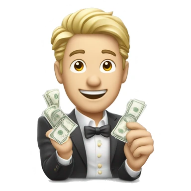 homme aux cheveux blancs riche tient des billets dans ses mains et saute de joie sticker