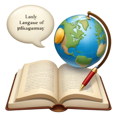 An icon featuring an open book, a speech bubble, and a pen, symbolizing philology and linguistics. The design includes a globe with language characters and grammar symbols, representing the study of languages and literature. Transparent background highlights language analysis. sticker