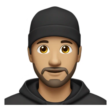 bald man with black (short) beard and no glasses in a black hoodie wearing a black cap sticker