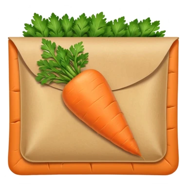 minimal emoji carrot seed packet, rectangular pouch, orange carrot with green leaves, white or light brown paper, clean lines, soft shading, friendly cartoon style sticker