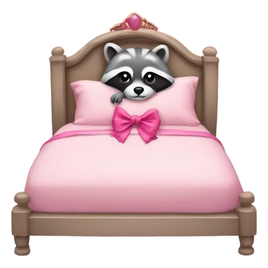 princess style bed with sleeping cute racoon wearing pink bow on head in it sticker
