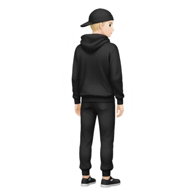 fullbody Mysterious shy caucasian man in black hoodie on head, hands in pockets and black pants rear backview sticker