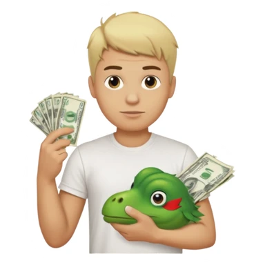 Blonde man with haircut low taper fade, in t-shirt with text SMS holding plush pepe and money sticker