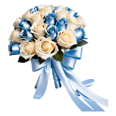 Against a soft, misty blue satin backdrop, a luxurious bouquet of powder blue and ivory roses is elegantly tied with a wide, flowing pearl-white silk ribbon that cascades gently onto the surface. Floating gracefully above the bouquet, a cluster of metallic pearl balloons in shades of silver-blue and soft champagne reflects the ambient light, casting a delicate shimmer. A few loose rose petals rest on the fabric. sticker