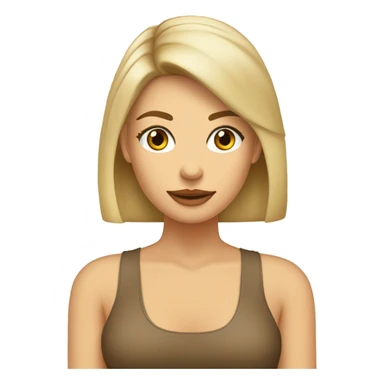 Mujer con cabello rubio, lacio, bajo el hombro, con flequillo de lado, frente amplia y aros de argolla, ojos café. Polera color beige con cuello tortuga sticker