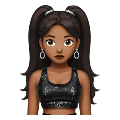 Chilli from TLC with long dark brown ponytail hair, black sequin crop top, black earring, dark skin sticker