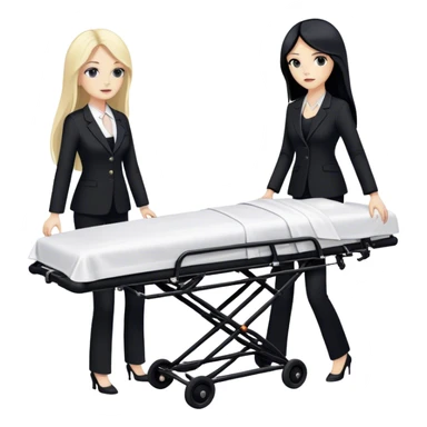 Two woman with long hair. One has black hair and one is blond. They have black pants suits on. And they are pushing a funeral stretcher in to a black Mercedes Vito. On the stretcher is a body covered in white sheets sticker