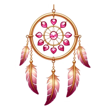 Reddish-pinkish and golden warm-colored romantic lush beautiful pretty hanging crystal-catcher aesthetic with hearts and sparkles and feathers sticker