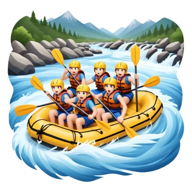 A group of adventurers paddling a raft through wild, fast-moving river rapids. The scene includes splashing water, rugged rocks, and intense action, emphasizing the excitement and teamwork of rafting in challenging conditions. sticker