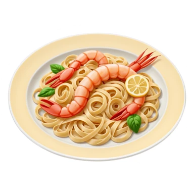 create a Whole Shrimp Linguini Camera angle: slightly elevated top-down view with a gentle bird’s-eye perspective (about 15–20°), identical perspective and scaled do not add anything on plate

 sticker