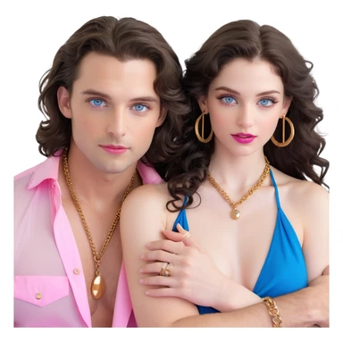 attractive couple embracing in romantic pose, woman with big blue-grey eyes, long lashes, pale skin, pink lips, long voluminous dark brown curls, gold hoop earrings, revealing silky halter top close to handsome man with intense blue-grey eyes, chiseled features, pale skin, confident smirk, dark brown styled hair, gold chain, revealing open shirt, faces close together sticker
